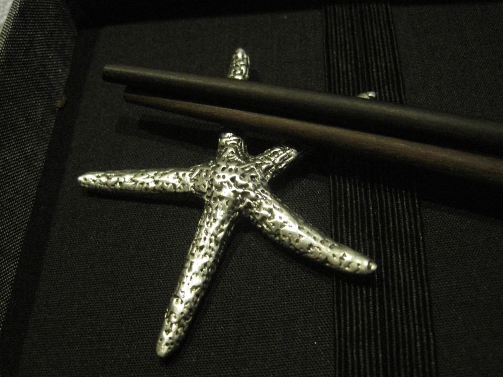 New 4 Pair Thai Starfish Chopsticks Textured Fish Pewter Gift Silk Box Set/Stand