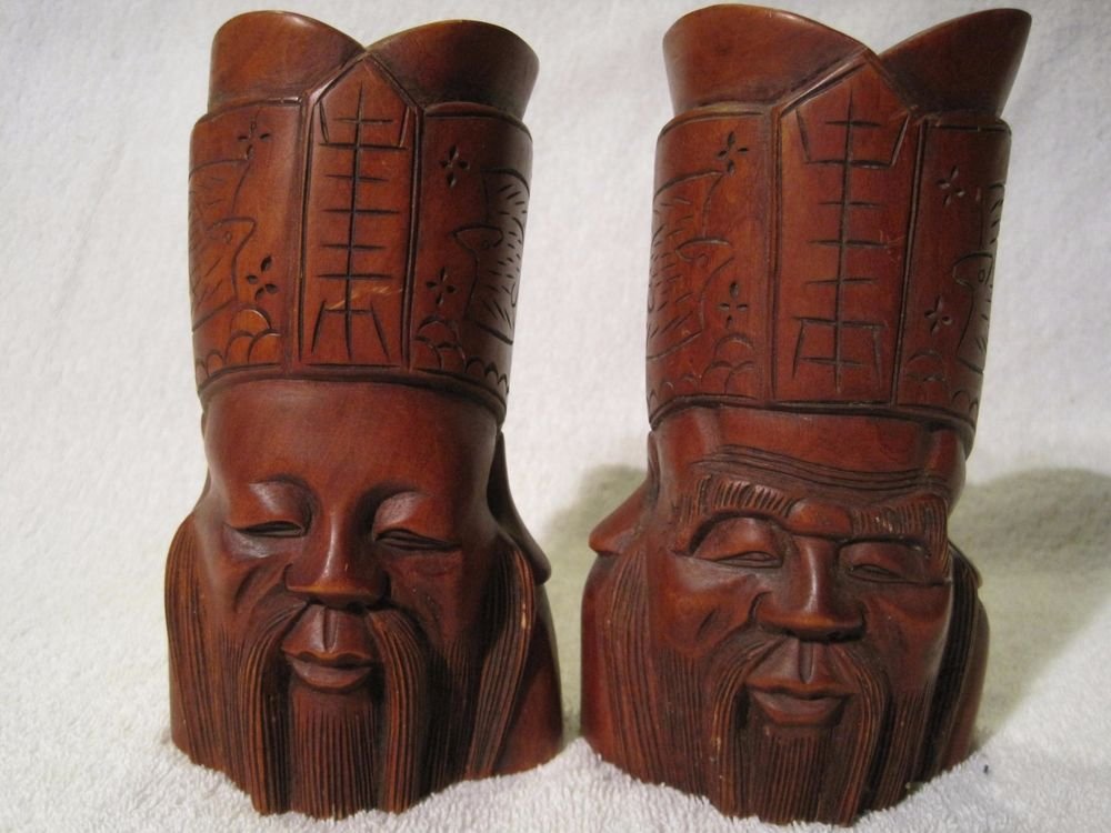 Vintage Chinese Scholars Confucius Carved Wood Bust Bookends Asian China Ancient