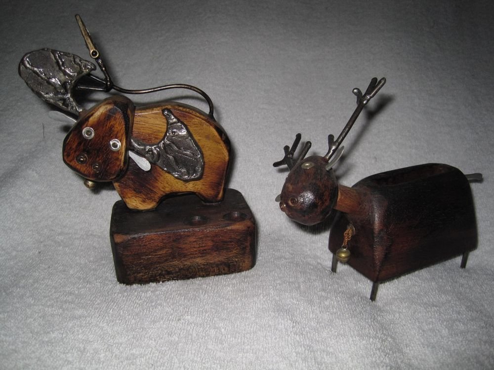 Thai Wood Carved Pewter Buffalo Pen/Pencil & Deer Business Card Set Desk 2 Pc