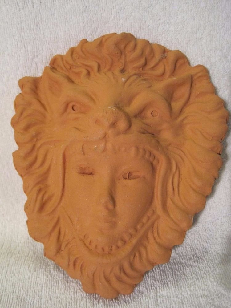Vintage Cameo Mask of Lion Roman Head Helm Pottery Symbol Wall Hanging Plaque