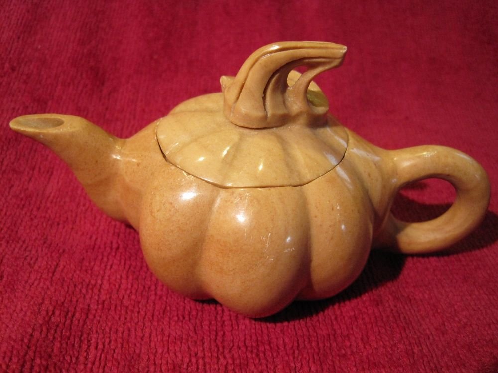 Vintage Small Pumpkin Chinese Hand Carved Stone Teapot Sculpture Melon Tea Pot