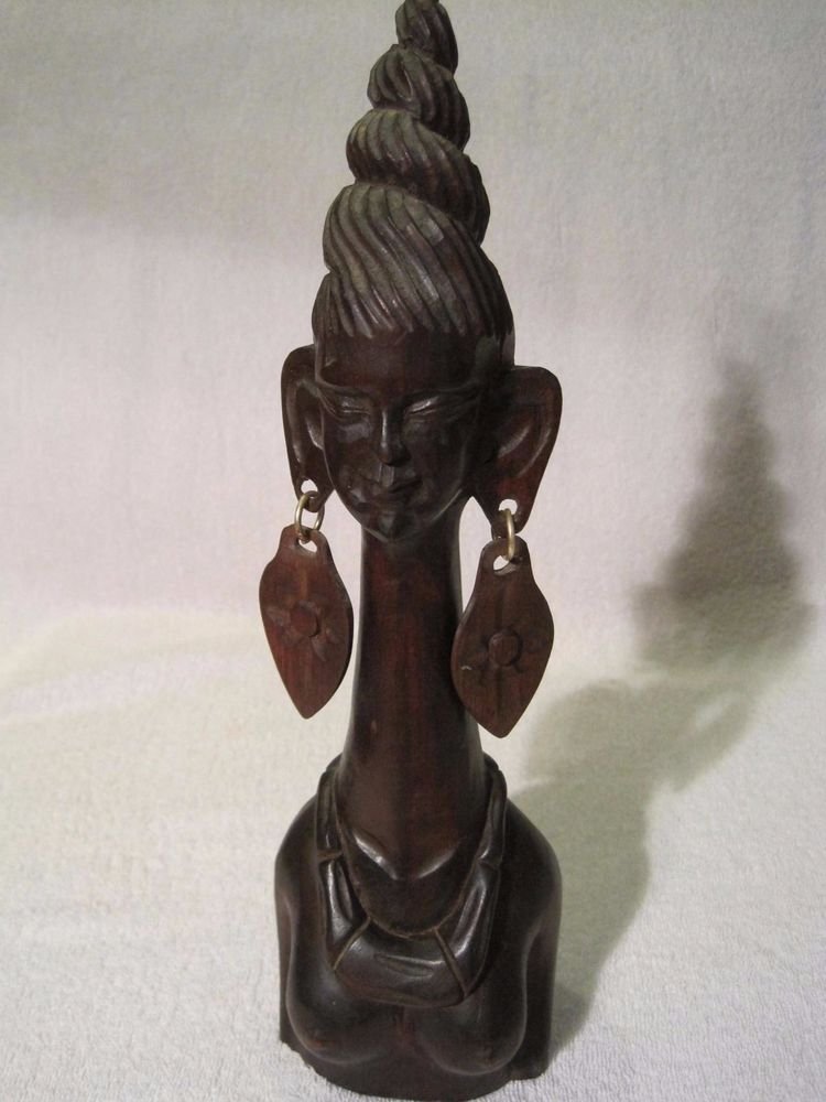 African Carved Elongated Neck Woman Topless Figure Sculpture Long Giraffe 12" in