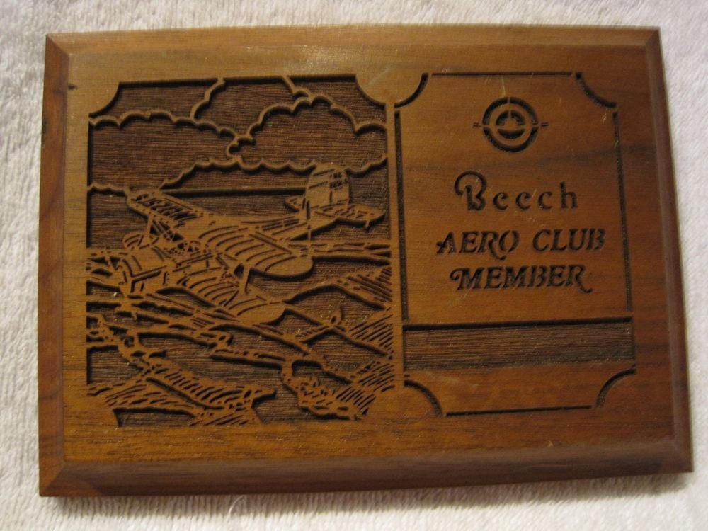 Vintage Beech Aero Club Lasercraft Walnut Wood Plaque Engraved Laser Etched