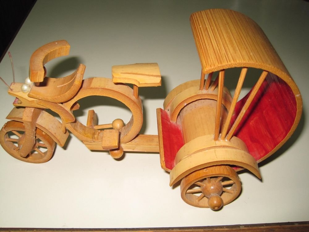 Vintage Bamboo Bicycle Rickshaw Handmade Chinese Culm Dragon Head Painted