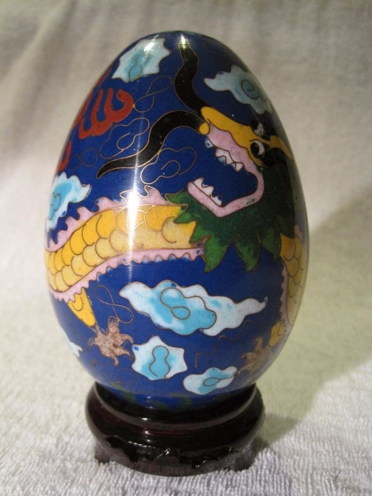 Vintage Large Cloisonne Egg Gold Dragon Enamel Brass Yi Lin Arts Treasures China