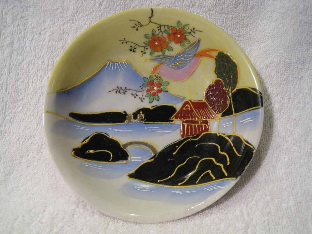 Plate Saucer Dish Handpainted Mt Fuji Water Landscape Raised Paint Japan