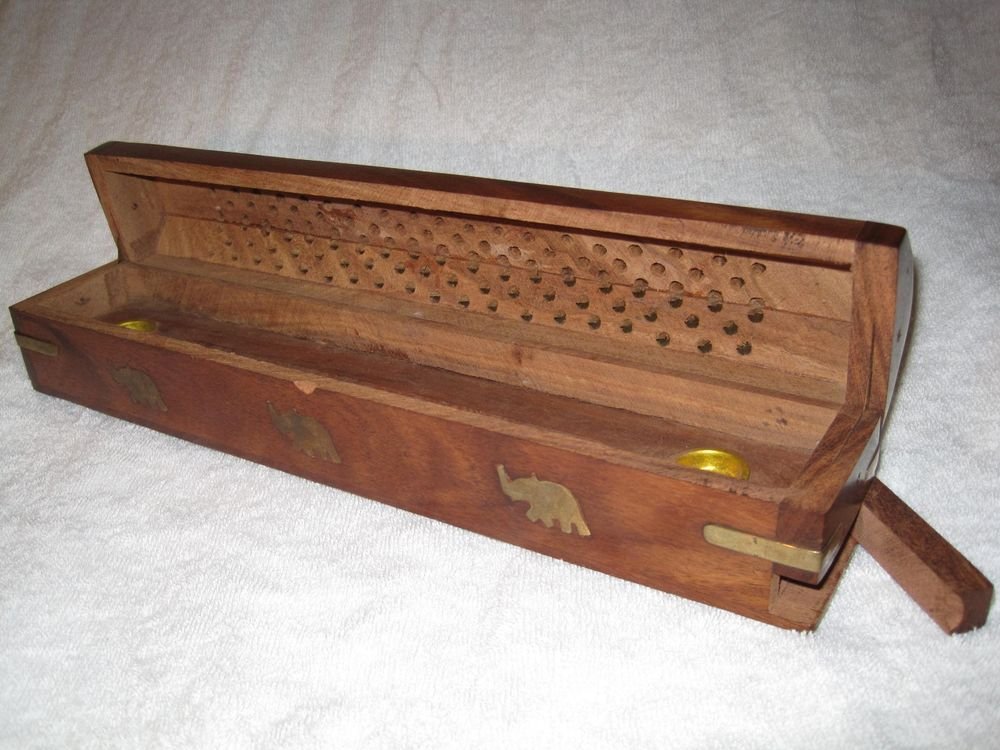 Incense Stick Holder Box Wood Hexagon Brass Elephants Burner