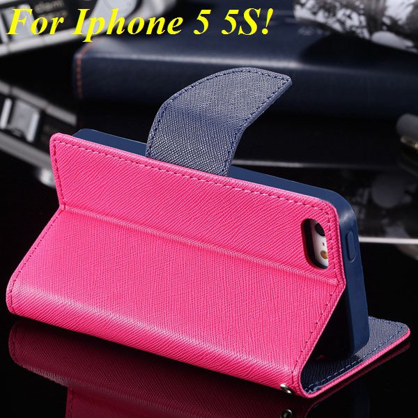 Tpu+Pu Wallet Book Style Case For Iphone 5 5S 5G Flip Leather Carr 1774336501-8-hot pink