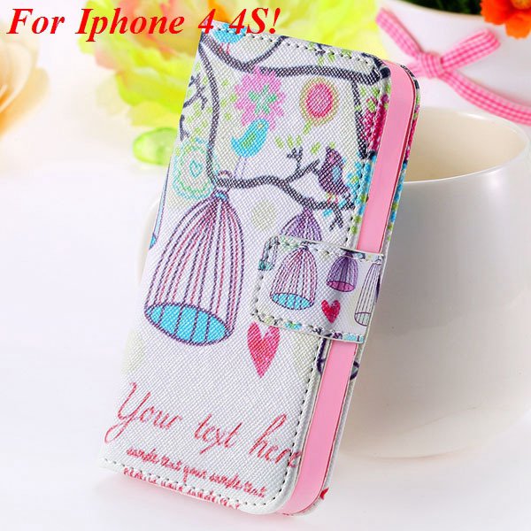 Matt Color Printed Flip Leather Case For Iphone 4 4S 4G 5 5S 5G Wa 1925063846-6-4s Birdcage