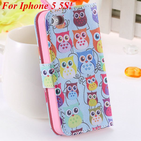 Matt Color Printed Flip Leather Case For Iphone 4 4S 4G 5 5S 5G Wa 1925063846-12-5s Many Owls