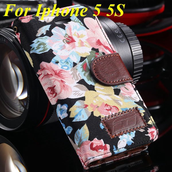 5S Luxury Pu Leather Case Flower Floral Wallet Cover For Iphone 5 1987089090-1-black for 5s