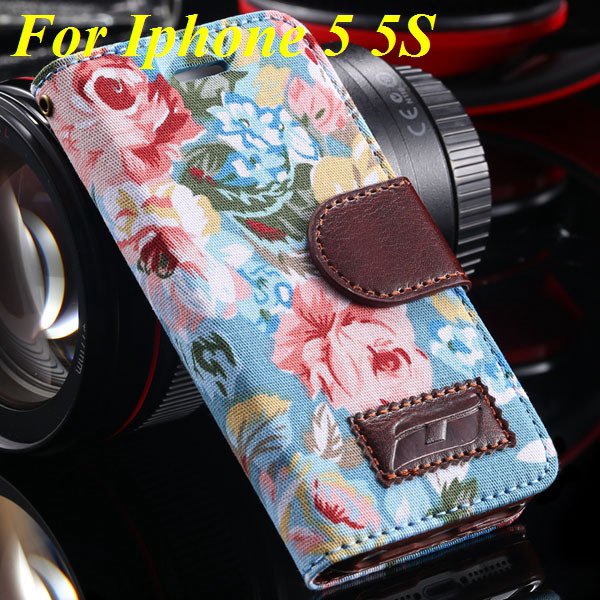 5S Luxury Pu Leather Case Flower Floral Wallet Cover For Iphone 5 1987089090-3-blue for 5s