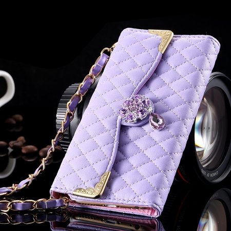 For Iphone 6 Plus Wallet Case Retro Luxury Shiny Gold Diamond Grid 32267999985-5-Purple