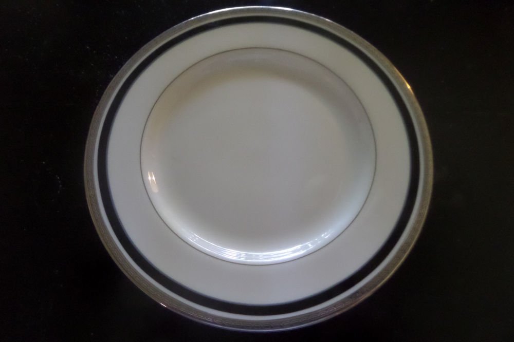 3 PICKARD CHINA DIPLOMAT 8 1/4" SALAD PLATES PLATINUM TRIM W/ BLACK BAND USA