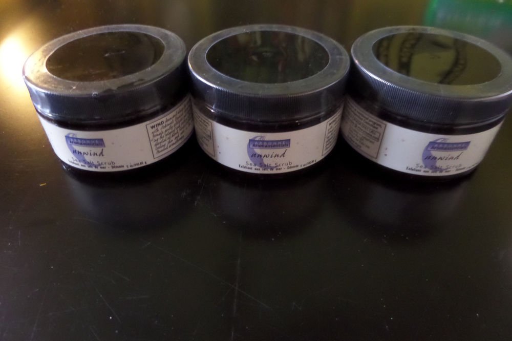 3 bottle 5 oz. Arbonne Aromassentials UNWIND Sea Salt Scrub - NEW & SEALED