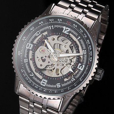 Men's Auto-Mechanical Fashion Hollow Dial Black Steel Band Wrist Watch