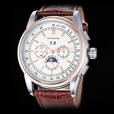 Men's Auto-Mechanical Six Pointers Rose Gold Case Leather Band Wrist Watch