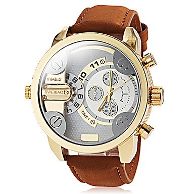 Men's Dual Time Zones Gold Case Khaki Leather Band Quartz Wrist Watch - SPECIAL