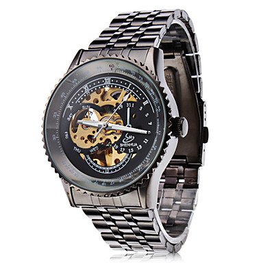 Men's Auto-Mechanical Hollow Black Dial Steel Band Wrist Watch - DISCOUNTED