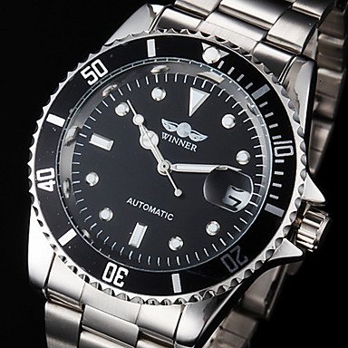 ** Men's Auto-Mechanical Calendar Silver Steel Band Wrist Watch **