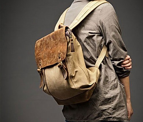 8. Backpack VINTAGE Retroâ„¢ Canvas cowhide leather. Khaki. FREE DELIVERY