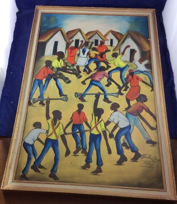 Vintage 1960s Haitian Oil Painting Signed Felix Jean Haiti Frame 16 X 26"
