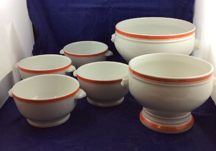4 vintage Pillivuyt Soup Bowls & 2 Tureens Serving Bowls White & Orange Stripes