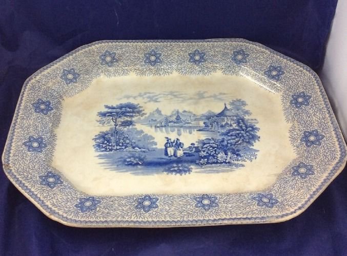 Antique Staffordshire Sirius Octagonal Platter Blue White Transfer Scene England