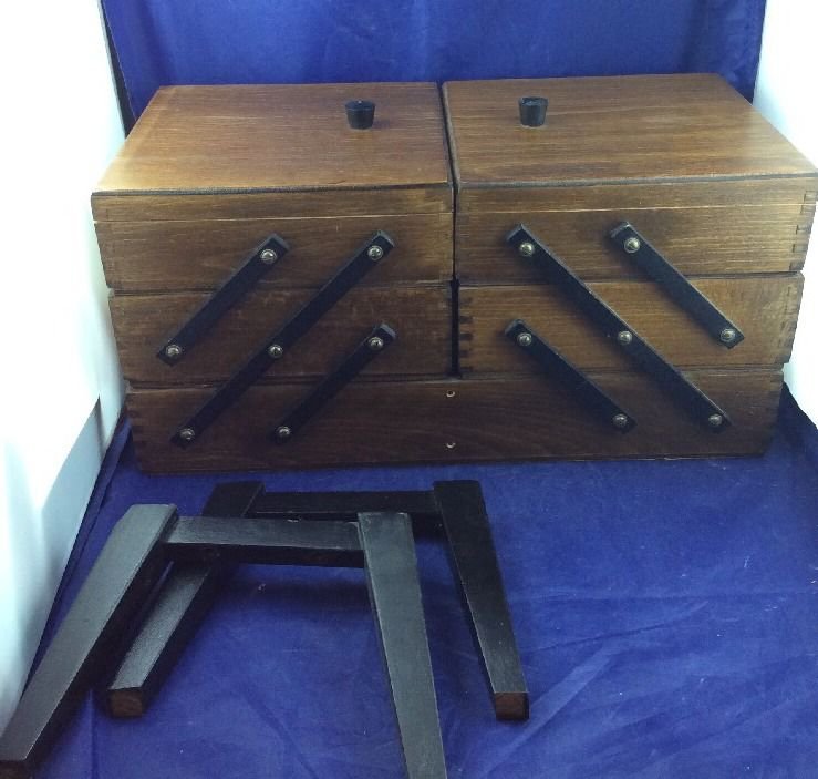 Vintage Mid Century Style Sewing Craft Box Accordion Folding Cantilever Wood