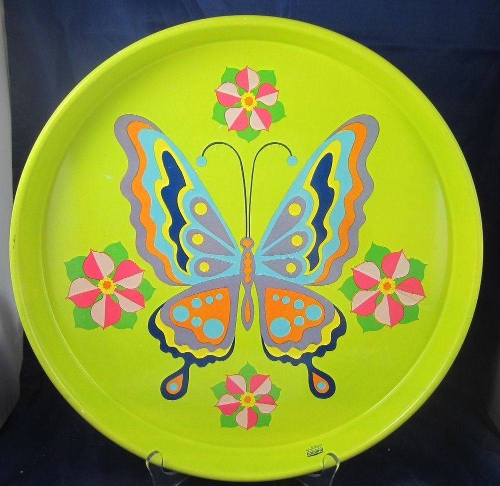 Vintage Retro Butterfly tray by Cheinco Metal Serving Drinks Tray