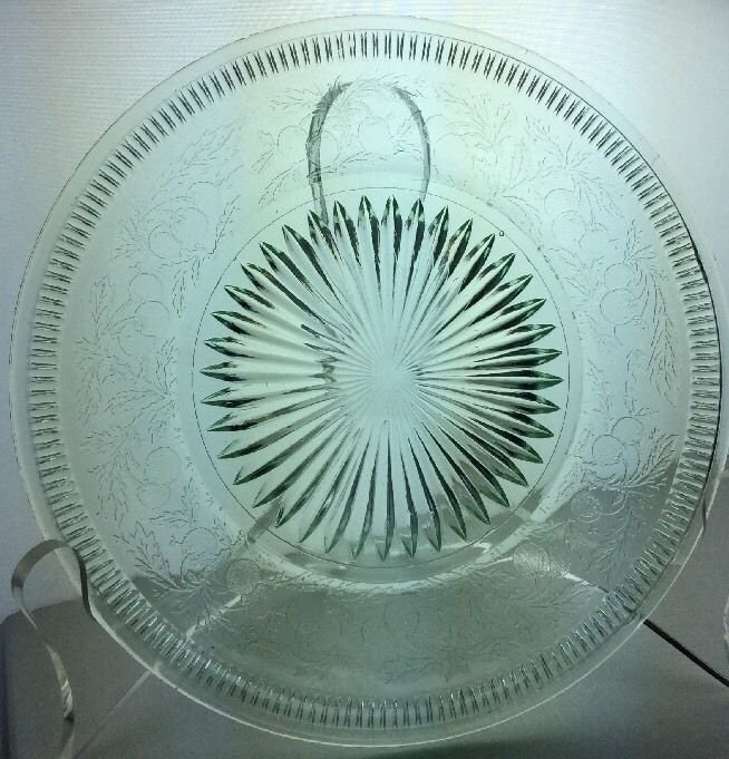 Vintage Green Glass Dish Plate with Fruit and Leaf Design