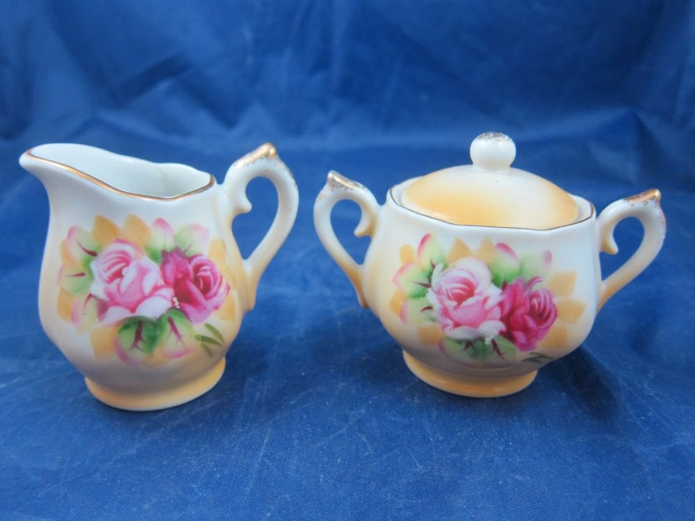 Vintage miniature toy sugar & creamer porcelain set with pink roses marked L-375