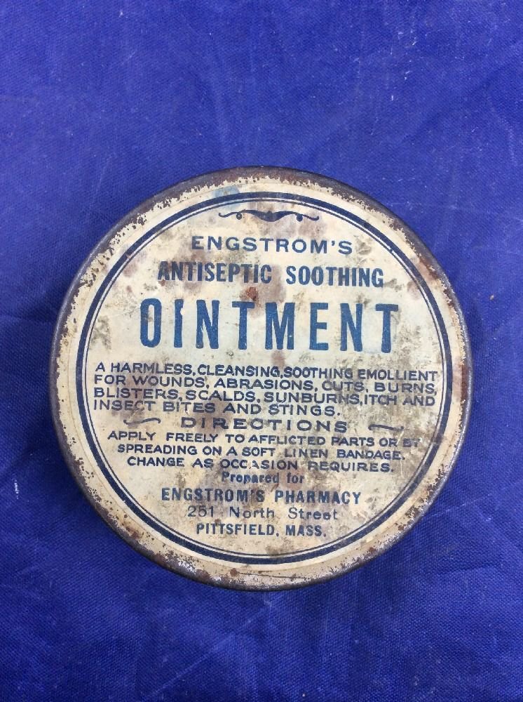 Engstrom's Antiseptic Soothing Ointment Tin Pharmacy Pittsfield MA Antique Drug