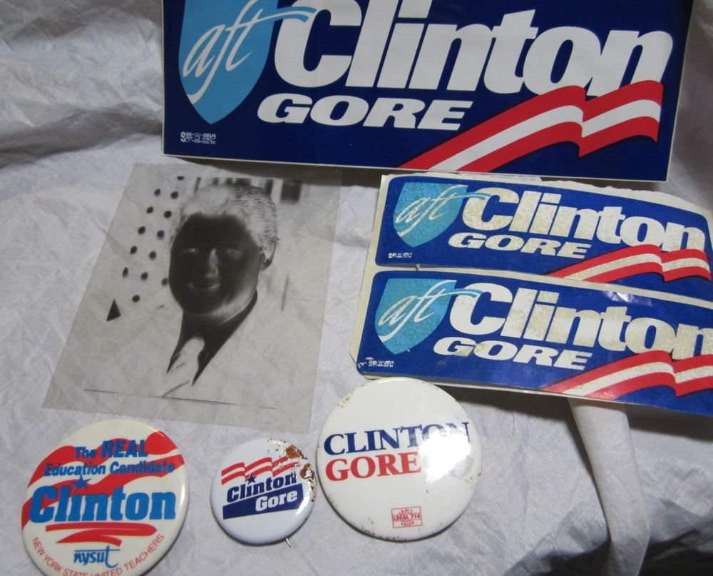 President Bill Clinton political items~3 pins/buttons~stickers~photo negative