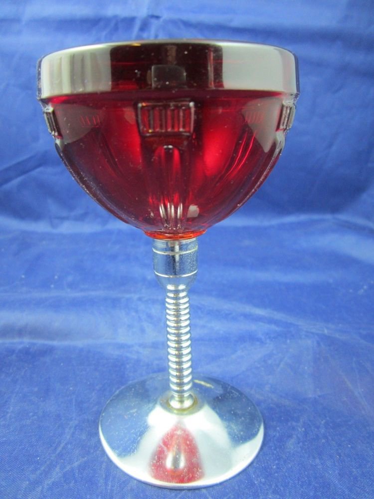 Vintage Ruby Glass Goblet Chrome Stainless Metal Base Mid-Century Barware