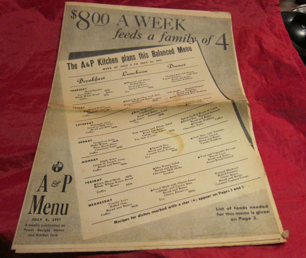 vintage A&P Menu~July 8 1937~supermarket~grocery store promo~freeUS ship