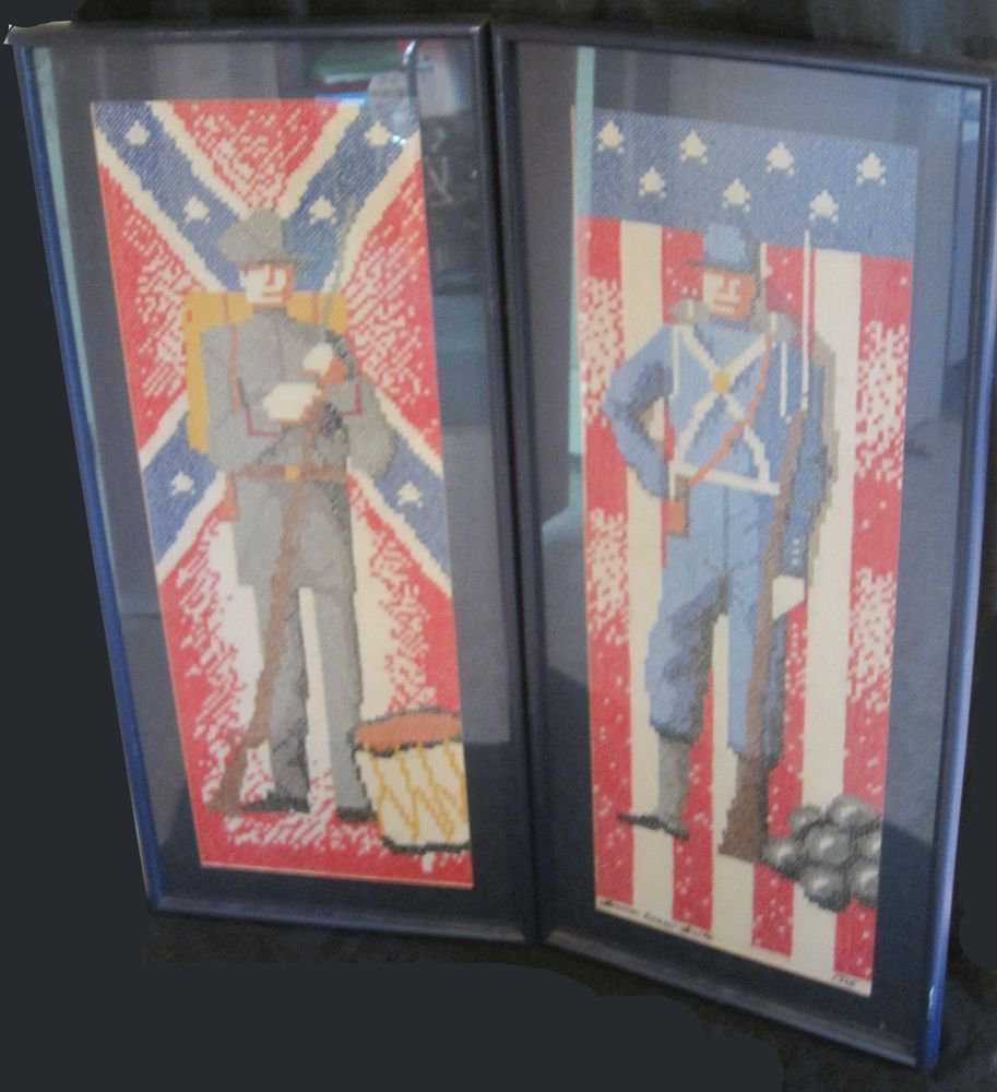 2 Civil War Needlepoint cross stitch embroidery framed Union Confederate soldier