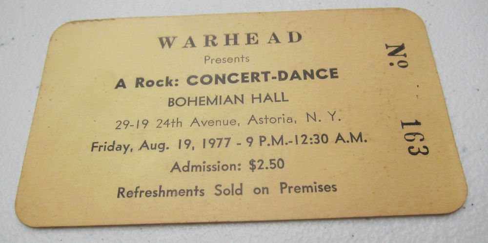 vintage concert ticket Warhead presents A Rock Concert-Dance 1977 Astoria NY