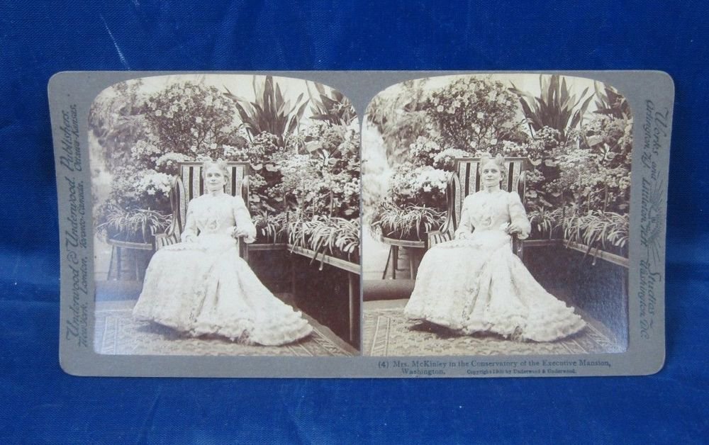 Antique Stereograph Stereoview Card Underwood Mrs.McKinley in the Conservatory