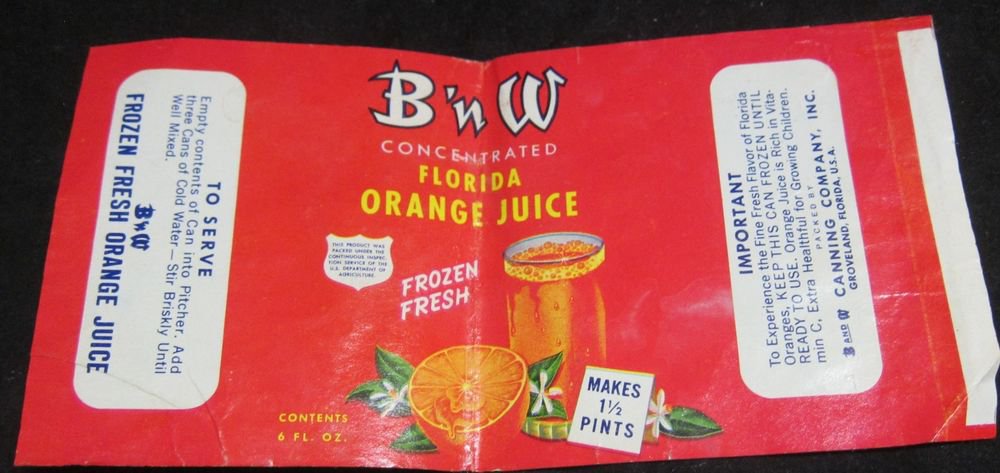 vintage B n W Florida Orange Juice label BNW Ba and W Canning Company Groveland