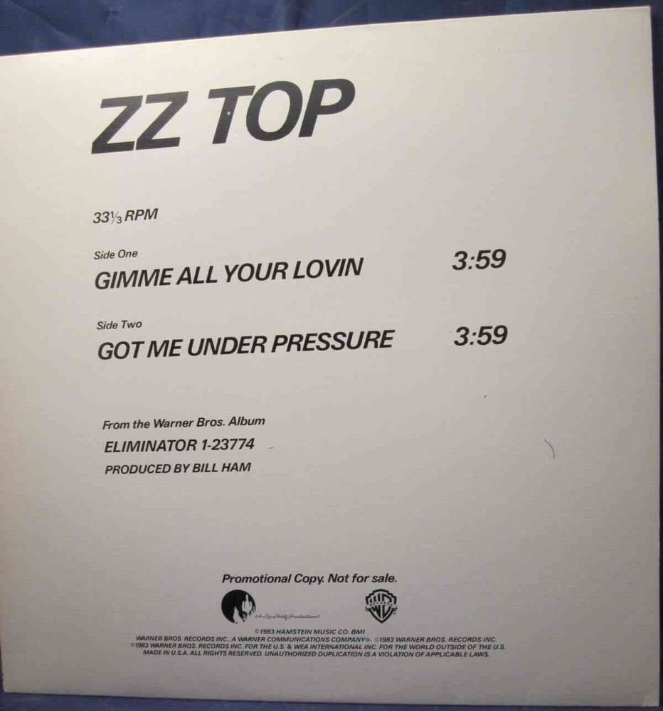 ZZ Top Gimme All Your Lovin & Got Me Under Pressure Single Promo Sampler 12"
