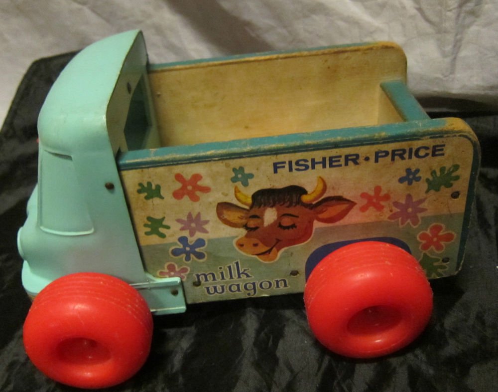 1965 Fisher Price Pull Toy Milk Wagon Delivery Truck~#131~wood & plastic
