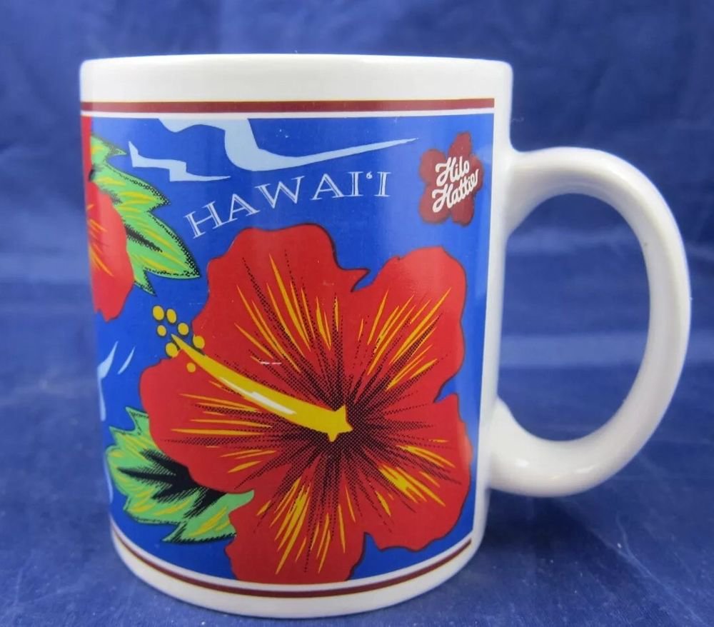 1997 Hilo Hattie Mug Island Heritage Hawaii Souvenir red flower