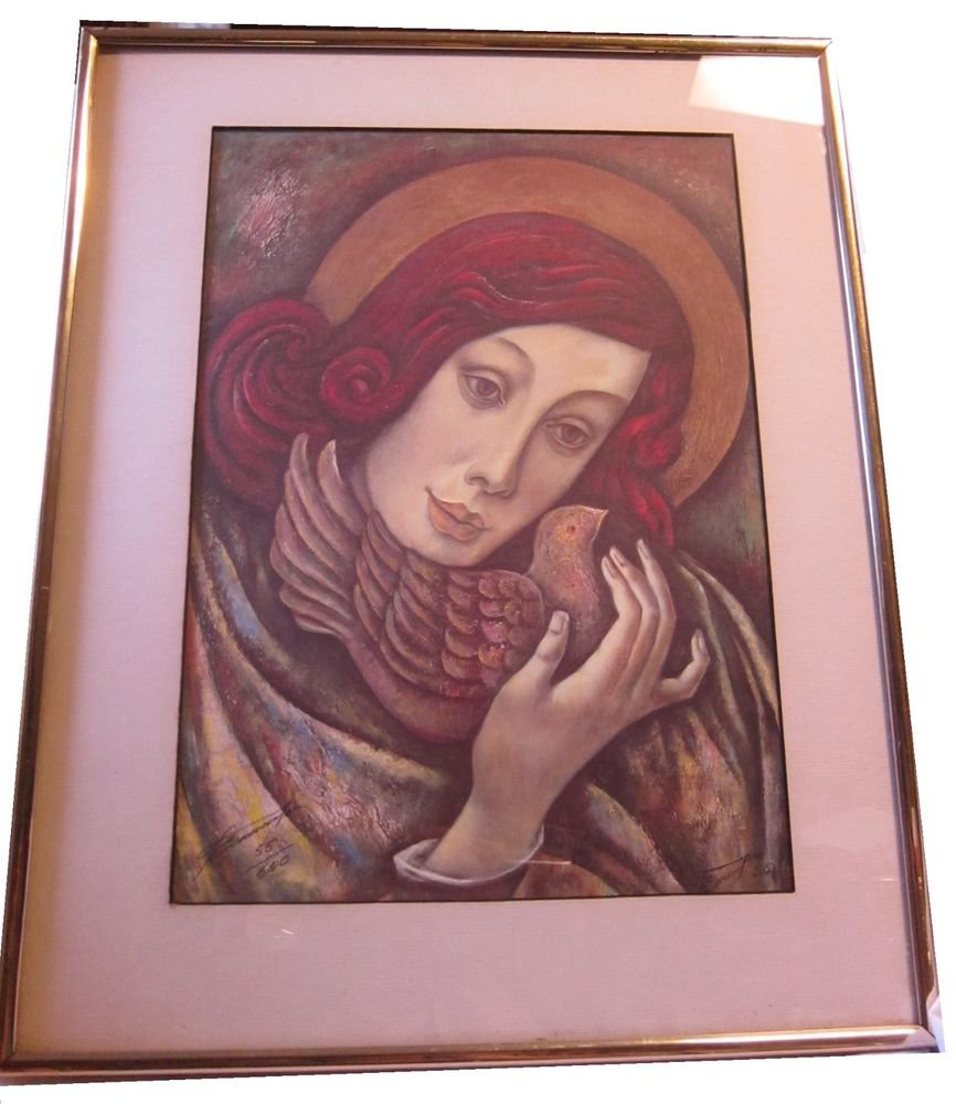 Saint Angel numbered print Red Hair Dove Woman signed 1996 Mary Magdalene?