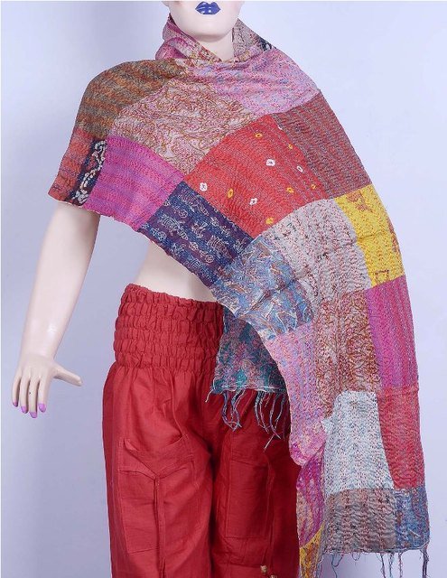 Indian Handmade Vintage Silk Patchwork Kantha Shawl / Scarves Shawl Reversible