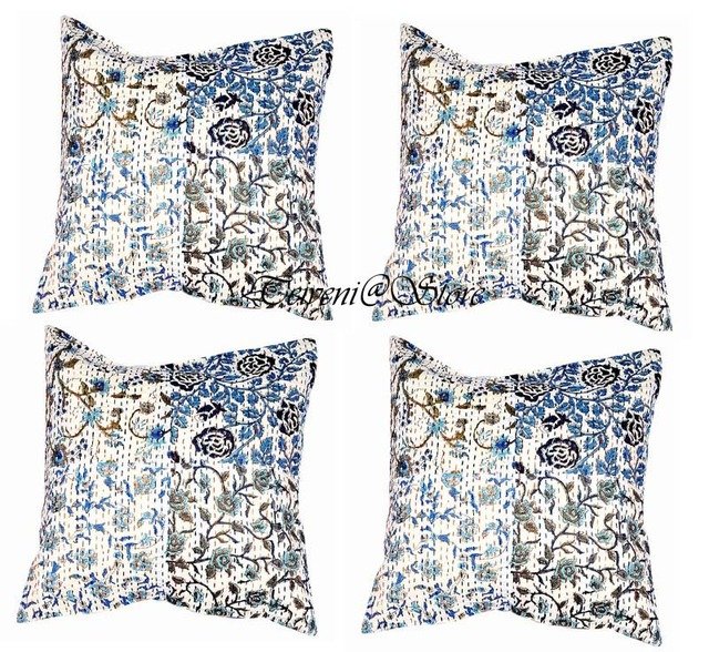 16" INDIAN WHITE COTTON CUSHION PILLOW COVER FLORAL & KANTHA WORK HANDMADE THROW