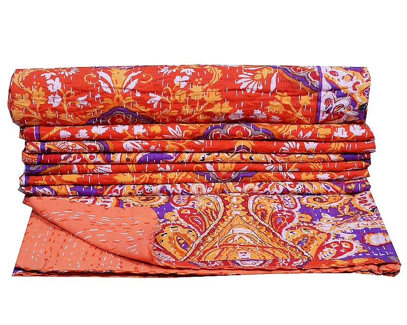 Indian Twin Kantha QuiltsThrow Gudari Ralli Cotton Hand Reversible Bedspread