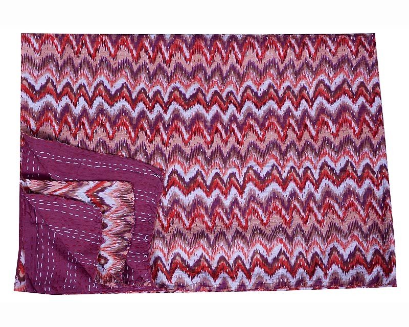 Indian Ikat Kantha Quilt Handmade Bedspread Reversible Twin Size Blanket Gudari