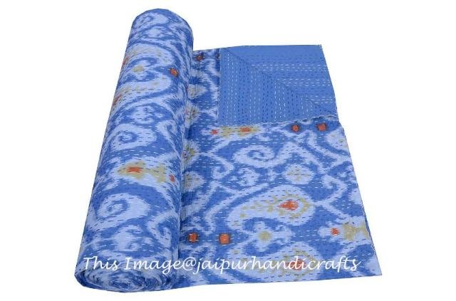 Indian Ikat Kantha Quilt Cotton Throw Queen Blanket Bedspread Gudari Decor
