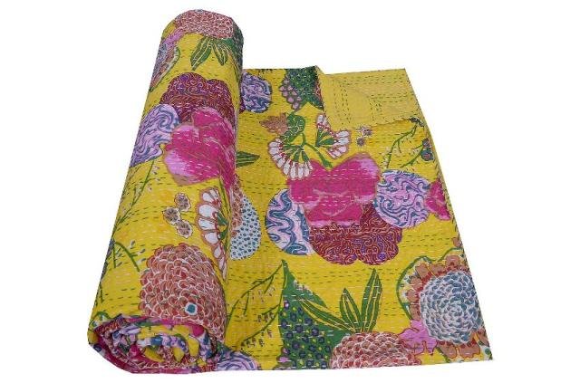 Indian Kantha Cotton Fruit Print Quilt Throw Ralli Reversible Bedspread Gudari